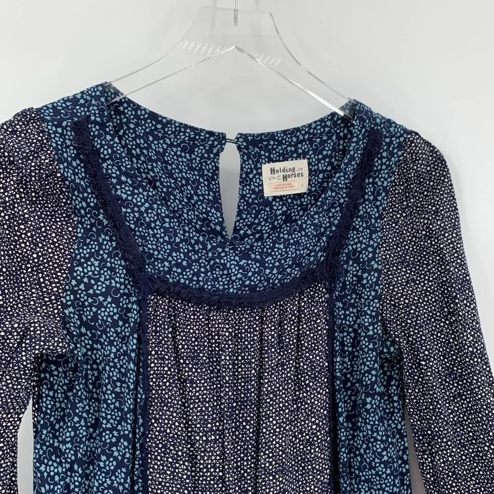 Holding Horses Anthropologie colorblock mini dress navy black print ruffle Small